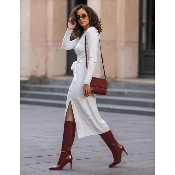 Women Burgundy Faux Leather Pointed Toe Tall  Stiletto High Zipper Dress Boot - Picture 4 of 8